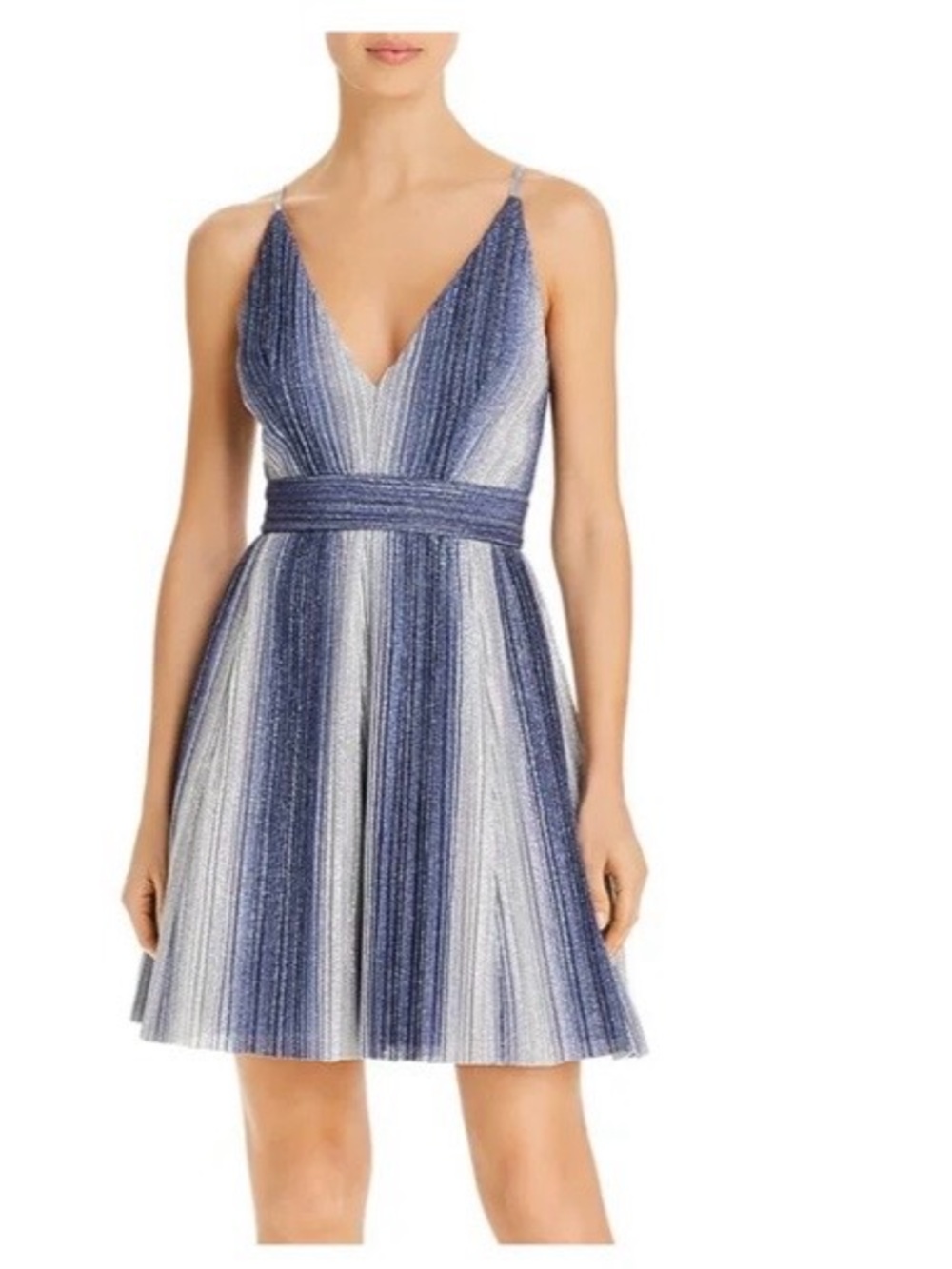 AQUA Formal Metallic Pleated Fit & Flare Mini Dress Blue Silver NWT Size 2
